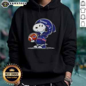 Cute Peanuts Snoopy in a New England Patriots hoodie, smiling at fans with enthusiasm and charm.