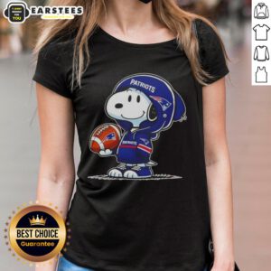 Cute Snoopy in a hoodie, smiling at fans, showcasing New England Patriots spirit on a ladies tee.