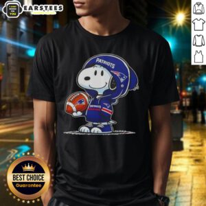 Alt Text: Cute Peanuts Snoopy in a New England Patriots hoodie smiling at fans on a fun T-shirt design.