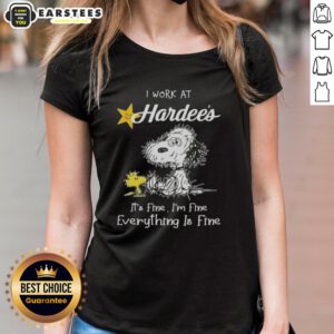 Alt Text: Funny Snoopy and Woodstock graphic on a ladies tee, featuring 'I work at Hardee's, it's fine, I'm fine, everything is fine.'