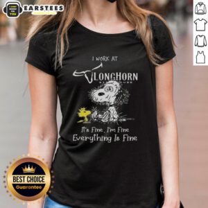 Alt Text: Funny Snoopy and Woodstock graphic on a Ladies Tee, featuring 'I Work at Longhorn Steakhouse, It's Fine' slogan.