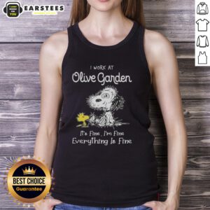 Funny Snoopy and Woodstock tank top with I work at Olive Garden, it's fine, I'm fine, everything is fine text design.