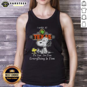 Funny Snoopy and Woodstock on a tank top with the phrase I work at Texas Roadhouse, it's fine, I'm fine, everything is fine.