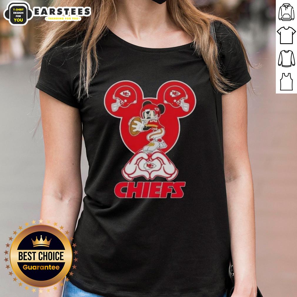 Good Mickey hands forming a heart for Kansas City Chiefs football ladies tee, perfect for fans and game day style.