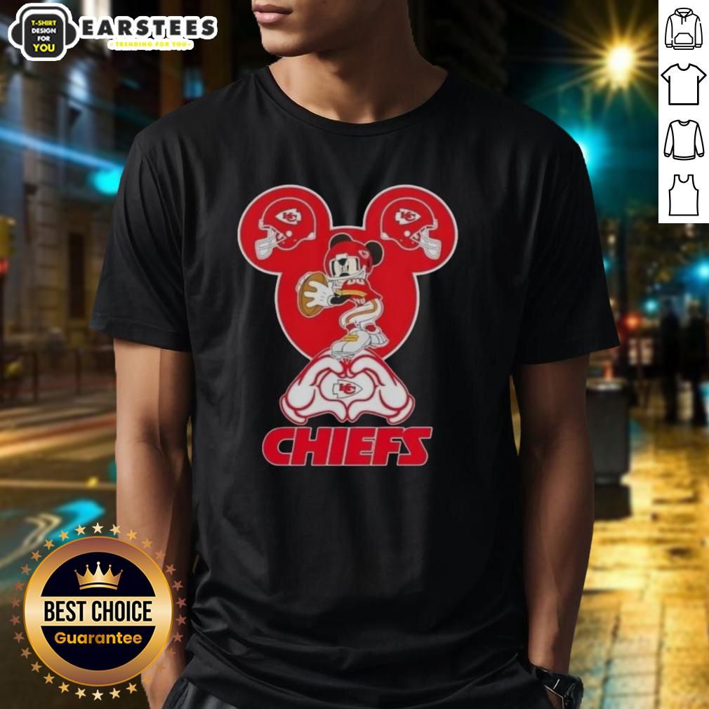 Good Mickey Hands Heart Kansas City Chiefs Football T-Shirt featuring a playful Mickey Mouse design for fans.