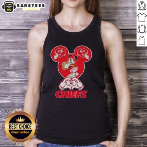 Good Mickey hands forming a heart in a Kansas City Chiefs football tank top, perfect for game day style.
