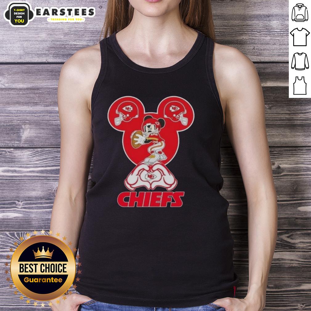 Good Mickey hands forming a heart in a Kansas City Chiefs football tank top, perfect for game day style.