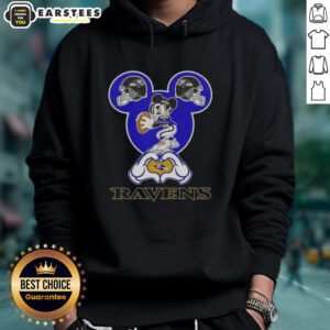 Alt Text: Good Mickey hands forming a heart, wearing a Baltimore Ravens football hoodie, showcasing love for the team.
