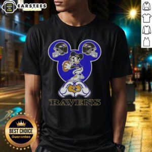 Good Mickey Hands Heart Love Baltimore Ravens Football T-Shirt design featuring Mickey Mouse with heart gesture.