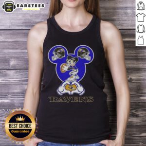 Good Mickey hands forming a heart on a Baltimore Ravens football tank top, perfect for fans showing love for the team.