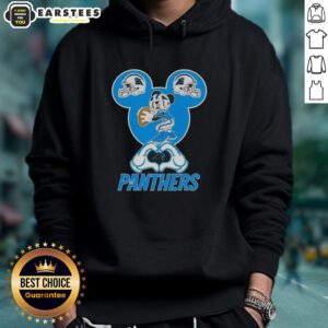Alt Text: Good Mickey hands forming a heart in a Carolina Panthers football hoodie, showcasing love for the team.