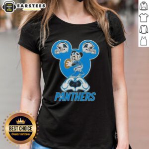 Good Mickey hands forming a heart on a Carolina Panthers football ladies tee, perfect for fans and stylish game day outfits.