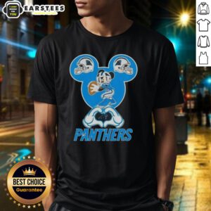 Good Mickey Hands Heart Love Carolina Panthers Football T-Shirt featuring a playful Mickey Mouse design for fans.