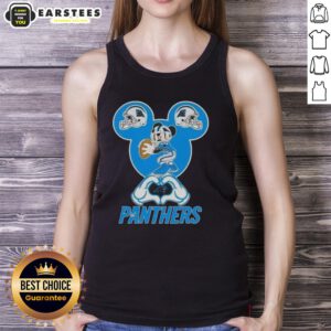 Good Mickey hands form a heart, showcasing love for Carolina Panthers football on a trendy tank top.