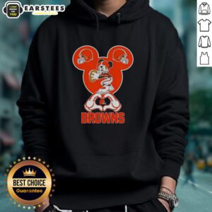 Good Mickey hands forming a heart on a Cleveland Browns football hoodie, showcasing love for the team.