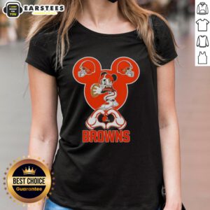 Good Mickey hands forming a heart, showcasing love for Cleveland Browns football on a ladies' tee shirt.