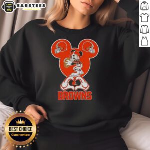 Cleveland Browns football sweatshirt with Mickey hands forming a heart, showcasing team spirit and love for the game.