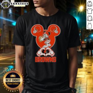 Good Mickey hands forming a heart for Cleveland Browns football T-shirt, perfect for fans showing love for their team.