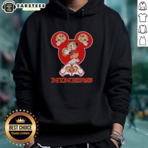 Good Mickey hands forming a heart in a San Francisco 49ers football hoodie, showcasing team spirit and love for sports.