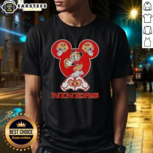 Good Mickey Hands Heart Love San Francisco 49ers Football T-Shirt featuring Mickey Mouse and team colors.