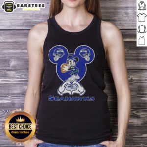 Good Mickey hands forming a heart in Seahawks football tank top, showcasing love for Seattle Seahawks.
