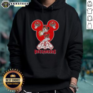 Alt Text: Good Mickey hands forming a heart in a Tampa Bay Buccaneers football hoodie, showcasing team spirit and love.