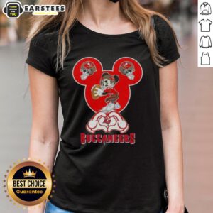 Good Mickey hands forming a heart on a Tampa Bay Buccaneers football ladies tee, perfect for fans.