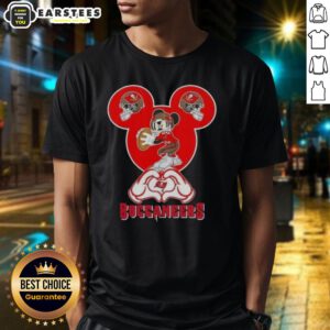 Good Mickey hands heart love graphic on Tampa Bay Buccaneers football T-shirt, perfect for fans and Disney lovers.