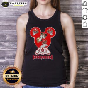 Good Mickey hands forming a heart in a Tampa Bay Buccaneers football tank top, showcasing love for the team.