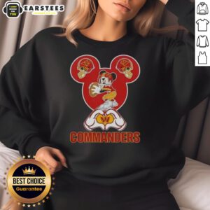 Alt Text: Good Mickey hands forming a heart on a love sweatshirt for Washington Commanders football fans.