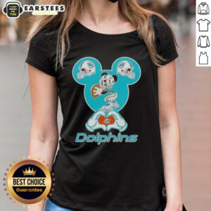 Good Mickey hands heart design on Miami Dolphins football ladies tee for fans, perfect for game day style.