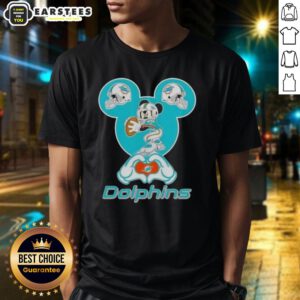 Good Mickey Hands Heart Miami Dolphins Football T-Shirt featuring a playful Mickey Mouse design for fans.