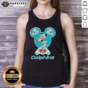 Woman wearing a Miami Dolphins football tank top with Good Mickey hands forming a heart shape.