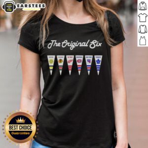 Good NHL Original Six National Hockey League pennant flag design on a stylish ladies tee, perfect for hockey fans.
