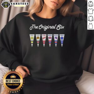 Good NHL Original Six National Hockey League pennant flag sweatshirt featuring team logos and vibrant colors.