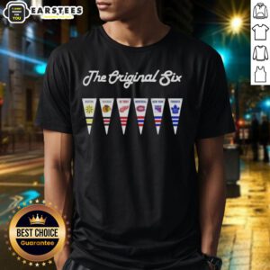 Good NHL Original Six pennant flag T-shirt featuring team logos, perfect for hockey fans and collectors.
