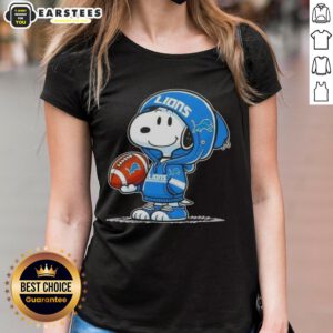 Snoopy in a Detroit Lions hoodie smiles at fans, featured on a ladies tee - Good Peanuts collection.