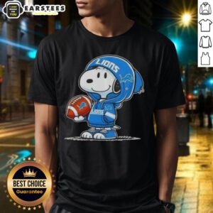 Good Peanuts Snoopy wearing a Detroit Lions hoodie, smiling at fans on a fun graphic T-shirt design.