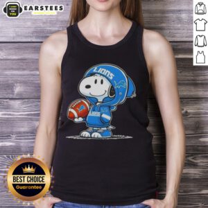 Snoopy wearing a Detroit Lions hoodie, smiling at fans on a tank top design featuring good peanuts.