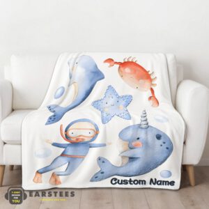 Alternative view of Good Sea's Treasures Narwhal Dolphin Crab Starfish Scuba Divers Blanket Fleece Customized Blanket