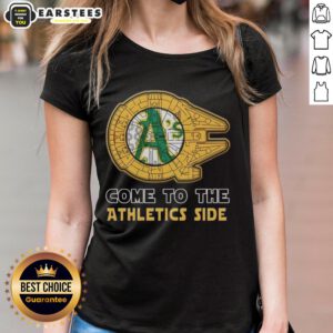Alt Text: Good Star Wars Come to the Oakland Athletics Side Ladies Tee featuring a stylish design for fans.