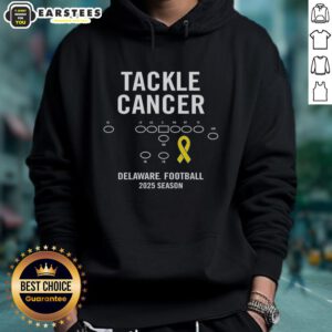 Good Tackle Cancer Delaware Football 2025 season hoodie featuring team colors and logo, promoting cancer awareness.