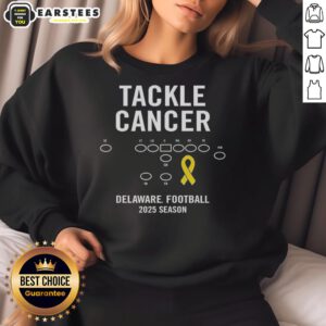 Good Tackle Cancer Delaware Football 2025 Season sweatshirt featuring team colors and logo for cancer awareness.