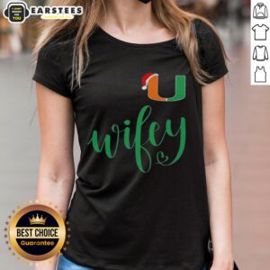 Good Wifey Miami Hurricanes Santa Hat Merry Christmas Ladies Tee featuring festive design and team spirit.