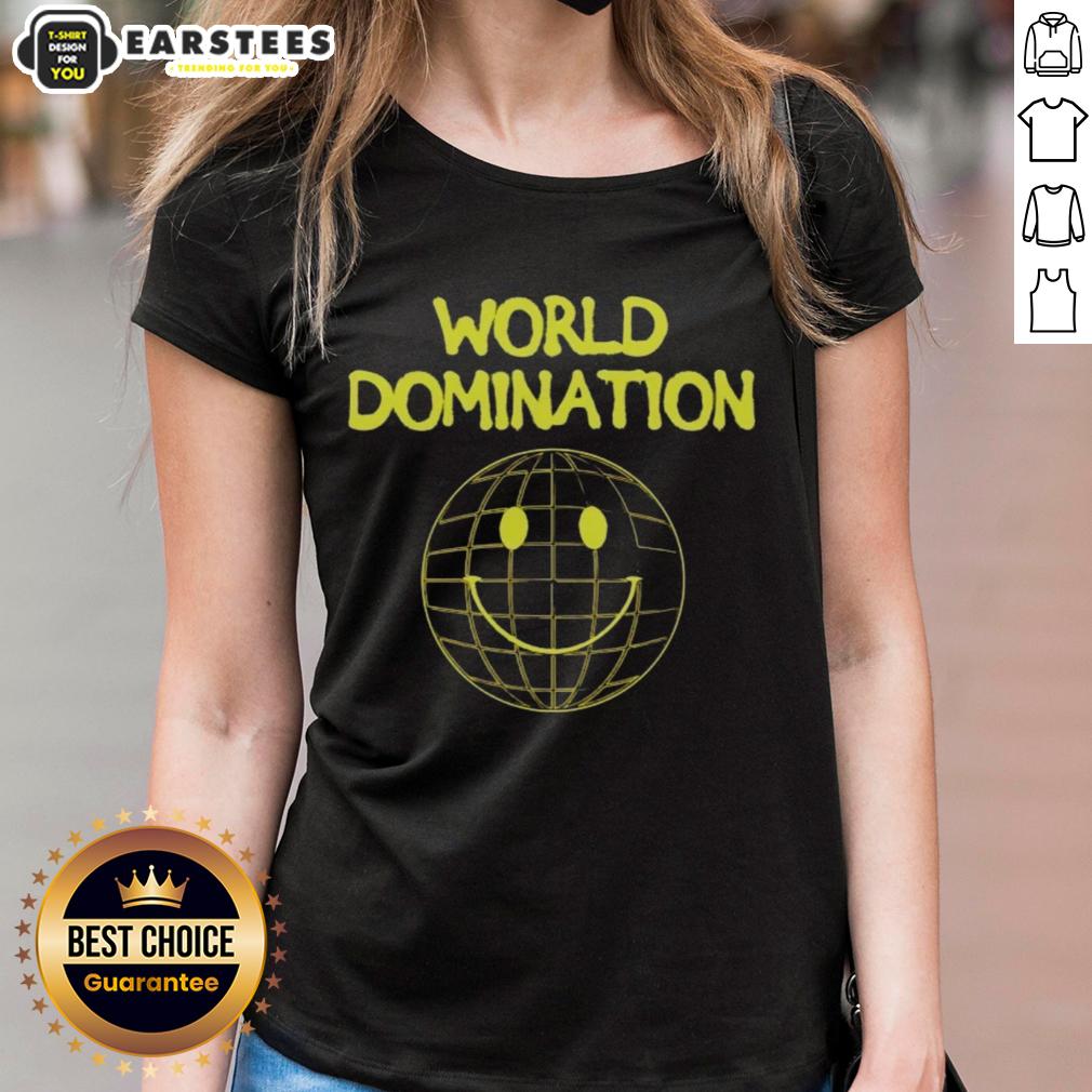 Good World Domination Emoji Smile Logo on a stylish ladies tee, perfect for casual wear and expressing positivity.