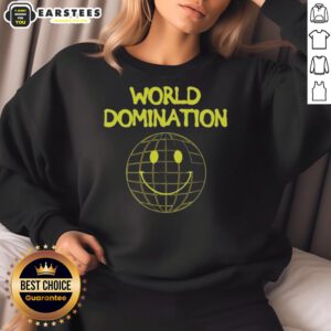 Alt Text: Good World Domination Emoji Smile Logo Sweatshirt featuring a vibrant design and playful emoji graphics.