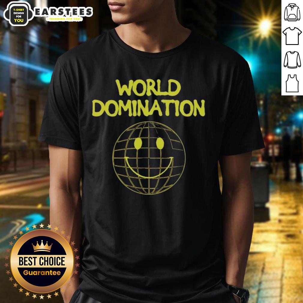 Alt Text: Good World Domination Emoji Smile Logo T-Shirt featuring a playful emoji design for a fun and unique style.