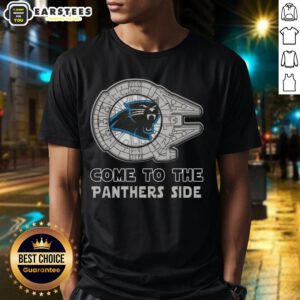 Alt Text: Happy Star Wars Come To The Carolina Panthers Side T-Shirt featuring playful graphics for fans of both franchises.