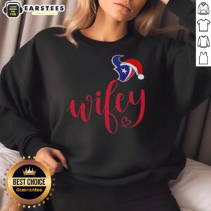 Happy Wifey Houston Texans sweatshirt with Santa hat, perfect for a festive Merry Christmas celebration.