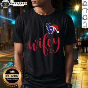 Happy Wifey Houston Texans Santa Hat Merry Christmas T-Shirt featuring festive holiday design and team colors.
